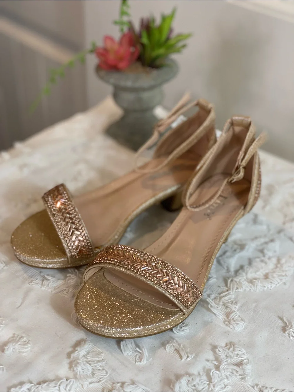 Forever Link Gold Glitter Beaded Ankle-Strap Sandals - Kids